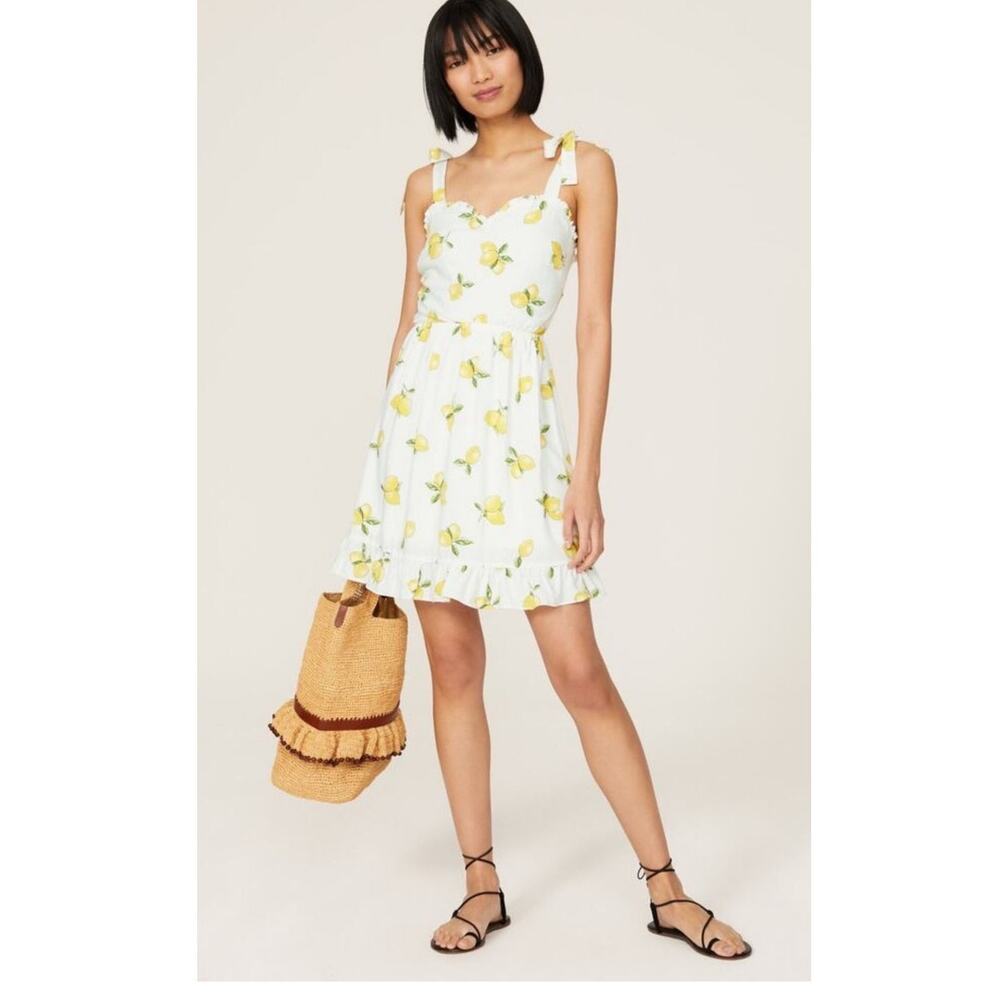 SLATE & WILLOW White Lemon Print Sweetheart Neckline Tie Shoulders Dress Small